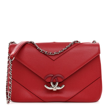 CHANEL Caviar Macro Chevron Single Flap Red