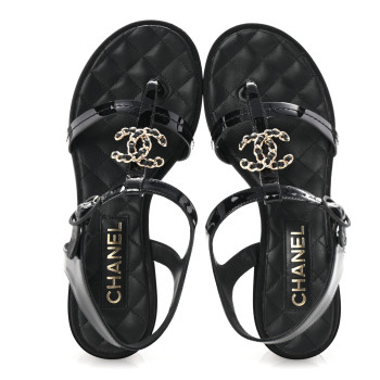 CHANEL Patent CC Logo Thong Sandals 37 Black