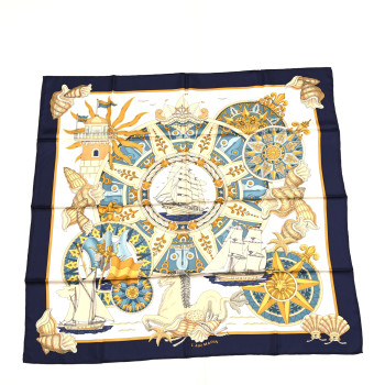 HERMES Silk L'Air Marin Scarf 90 Blue Gold
