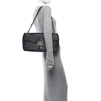 GUCCI Calfskin Matelasse Large Horizontal GG Marmont Shoulder Bag Black