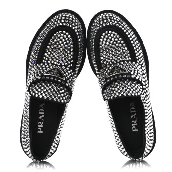 PRADA Satin Crystal Metal Triangle Logo 50mm Loafers 37.5 Cristal