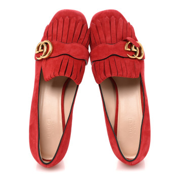 GUCCI Kid Scamosciato GG Marmont Fringe 50mm Loafer Pumps 39 Vulcanic Red