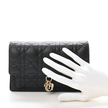 CHRISTIAN DIOR Lambskin Cannage Lady Dior Chain Pouch Black