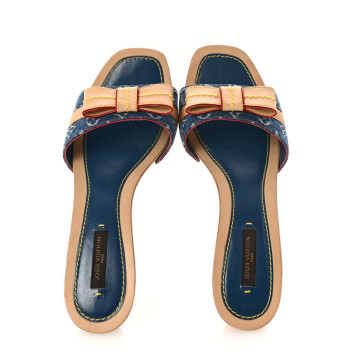 LOUIS VUITTON Denim Monogram Bow Mules Peep Toe Heels 37