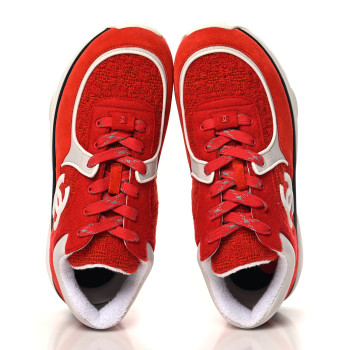 CHANEL Tweed Suede Felt CC Sneakers 40 Red