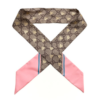 GUCCI Silk Twill GG Monogram GG Bee Neck Bow Scarf Roseate Sky Blue
