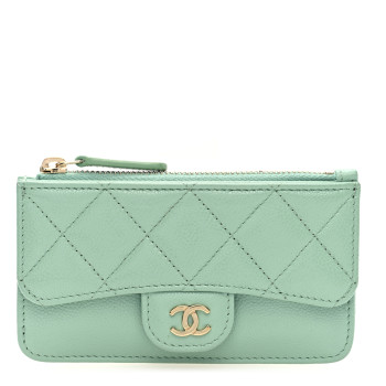 CHANEL Caviar Quilted Flap Zip Card Holder Light Green