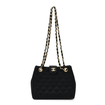 CHANEL Satin Quilted Crystal CC Shoulder Bag Black