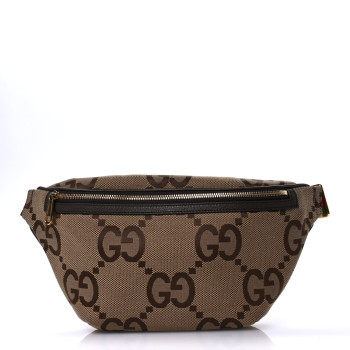 GUCCI Monogram Jumbo GG Textured Dollar Calfskin Web Belt Bag Camel Ebony New Acero