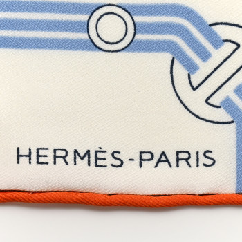 HERMES Silk Correspondance Hermes-Paris Pocket Square Scarf 45 White Ciel Orange