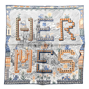 HERMES Silk Twill Super Silk Quest Detail Scarf 45 Bleu Jean Brun Vert