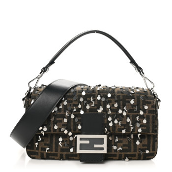 FENDI Fabric Jacquard F Paillettes Vitello Cover FF 1974 Embroidered Baguette Tobacco Moro Argento
