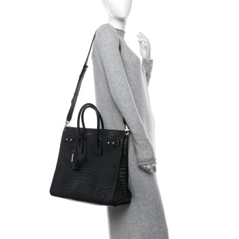 SAINT LAURENT Calfskin Crocodile Embossed Souple North South Tote Black