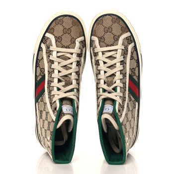 GUCCI GG Monogram Web Womens 1977 Tennis High Top Sneakers 37 Beige Ebony Mystic White