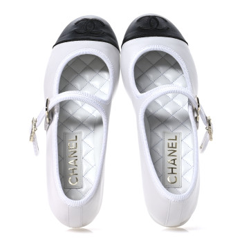 CHANEL Lambskin Mary Jane Flats 37.5 White Black