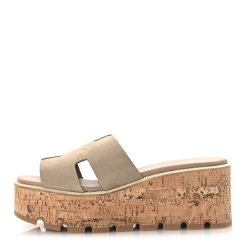 HERMES Suede Goatskin Cork Eze 30 Sandals 38 Beige Argile