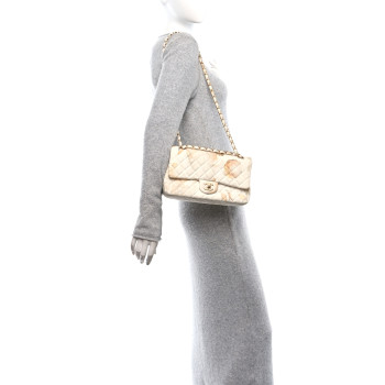 CHANEL Denim Floral Printed Medium Double Flap Beige