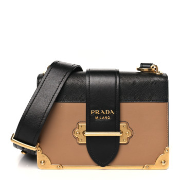PRADA City Calfskin Saffiano Cahier Bag Caramel Black