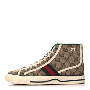GUCCI GG Monogram Web Womens 1977 Tennis High Top Sneakers 37 Beige Ebony Mystic White