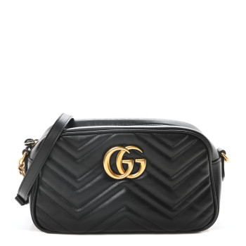 GUCCI Calfskin Matelasse Small GG Marmont Chain Shoulder Bag Black