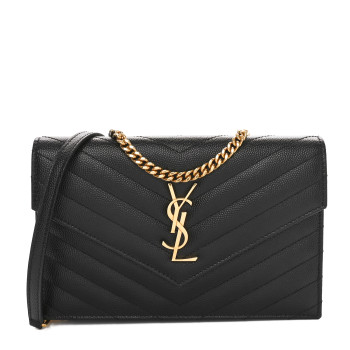 SAINT LAURENT Grain De Poudre Matelasse Chevron Monogram Envelope Chain Wallet Black