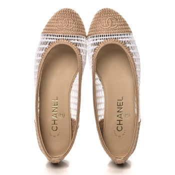 CHANEL Raffia Cap Toe Ballerina Flats 37 White Beige
