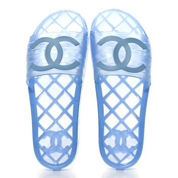 CHANEL PVC Transparent CC Flat Slide Sandals 40 Blue