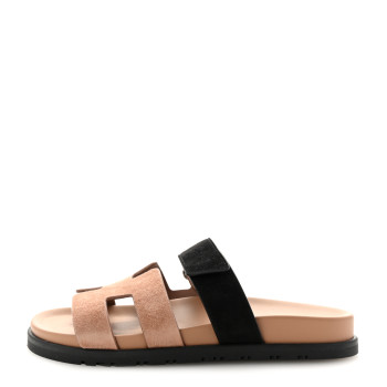 HERMES Suede Goatskin Womens Chypre Sandals 37 Rose Perle Black