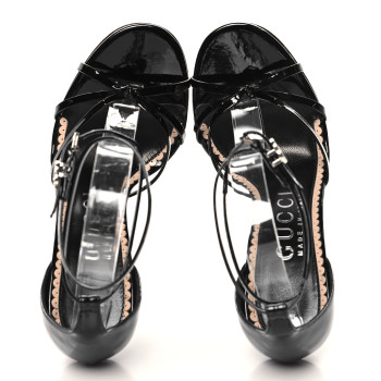 GUCCI Patent Crystal Double G Ankle Wrap Sandals 37 Black