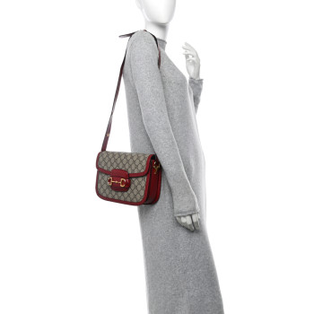 GUCCI GG Supreme Monogram Azalea Calfskin Horsebit 1955 Shoulder Bag Beige Ebony New Cherry Red