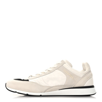 CHANEL Nylon Suede Kidskin Calfskin Logo Sneaker 45 White Black