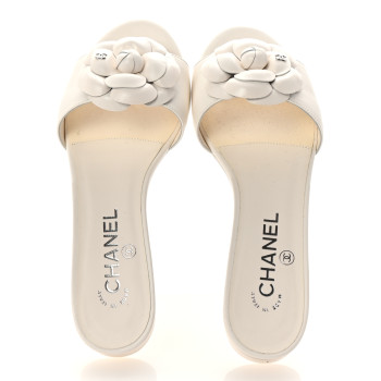 CHANEL Lambskin Camellia CC Slides 36.5 White