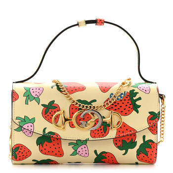 GUCCI Calfskin Strawberry Print Mini Zumi Shoulder Bag Ivory Red