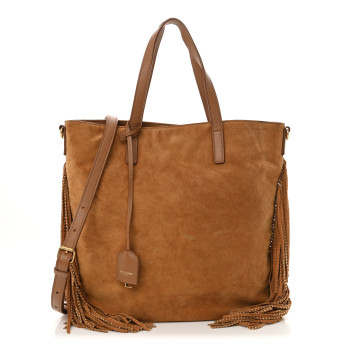 SAINT LAURENT Suede Calfskin Studded Fringe Toy Shopping Tote Brown