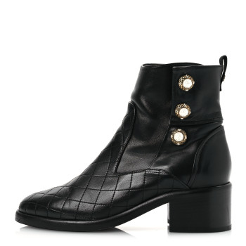 CHANEL Lambskin Pearl Short Boots 40.5 Black
