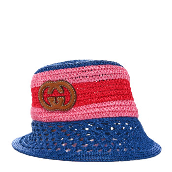 GUCCI Raffia Effect Web Interlocking G Bucket Hat M Blue Multicolor