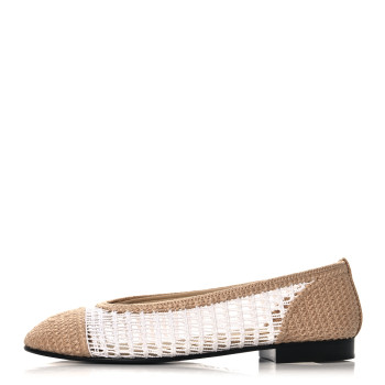 CHANEL Raffia Cap Toe Ballerina Flats 37 White Beige