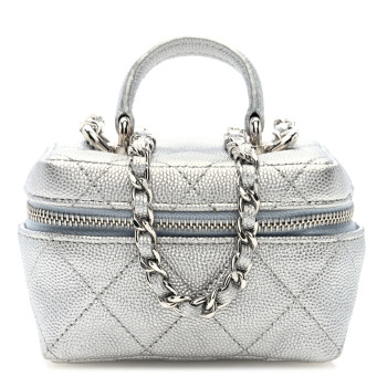 CHANEL Metallic Caviar Quilted Mini Top Handle Vanity With Chain Silver