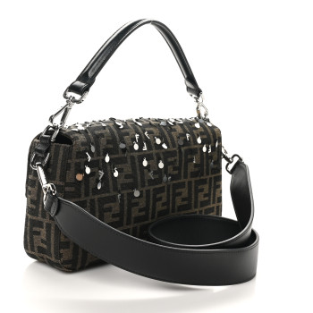 FENDI Fabric Jacquard F Paillettes Vitello Cover FF 1974 Embroidered Baguette Tobacco Moro Argento