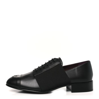 CHANEL Calfskin Elastic Lace Up Cap Toe CC Loafers 37 Black