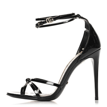 GUCCI Patent Crystal Double G Ankle Wrap Sandals 37 Black