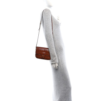 CELINE Calfskin Crocodile Embossed Medium Tassel Bag Tan