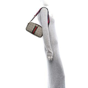 GUCCI GG Supreme Monogram Textured Dollar Calfskin Web Ophidia Wristlet Shoulder Bag Beige Ebony New Acero