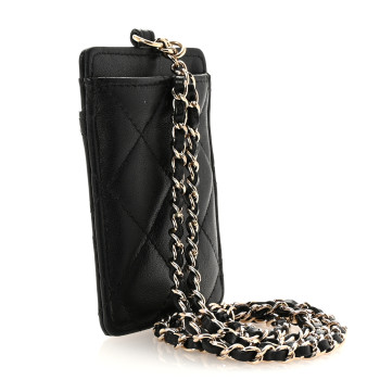 CHANEL Lambskin Quilted Card Holder On Chain Black