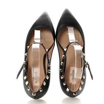 VALENTINO GARAVANI Pebbled Calfskin Rockstud Ankle Strap Ballerina Flats 38 Black