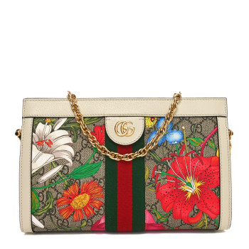 GUCCI GG Supreme Monogram Flora Web Small Ophidia Chain Shoulder Bag White