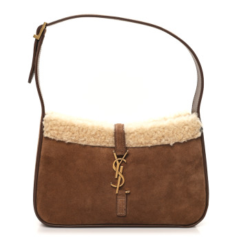 SAINT LAURENT Suede Calfskin Shearling Le 5 A 7 Hobo Dark Cigar Natural Beige