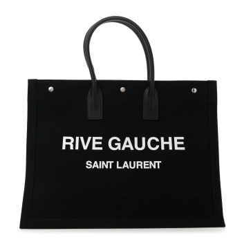 SAINT LAURENT Linen Calfskin Rive Gauche Tote Black