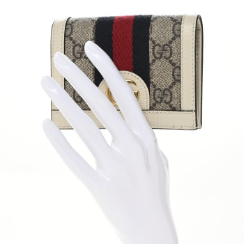 GUCCI GG Supreme Monogram Textured Dollar Calfskin Web Ophidia Card Case Beige Ebony Mystic White