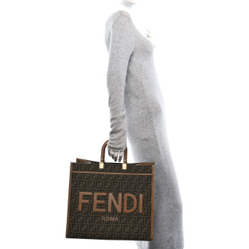 FENDI Fabric Jacquard FF 1974 Logo Large Fendi Sunshine Shopper Tote Tobacco Moro Sand